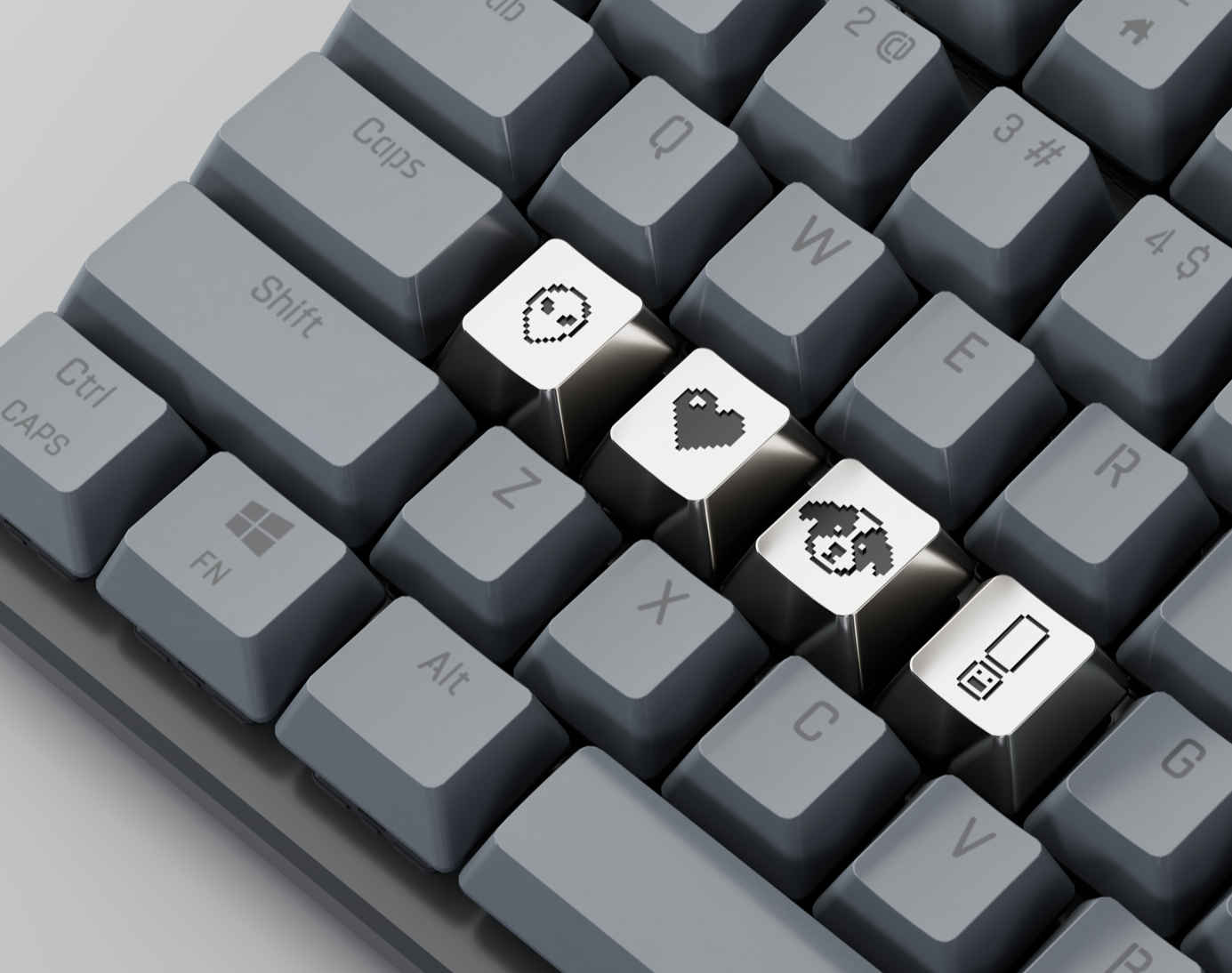 Combination of silver keycaps with icons by Susan Kare