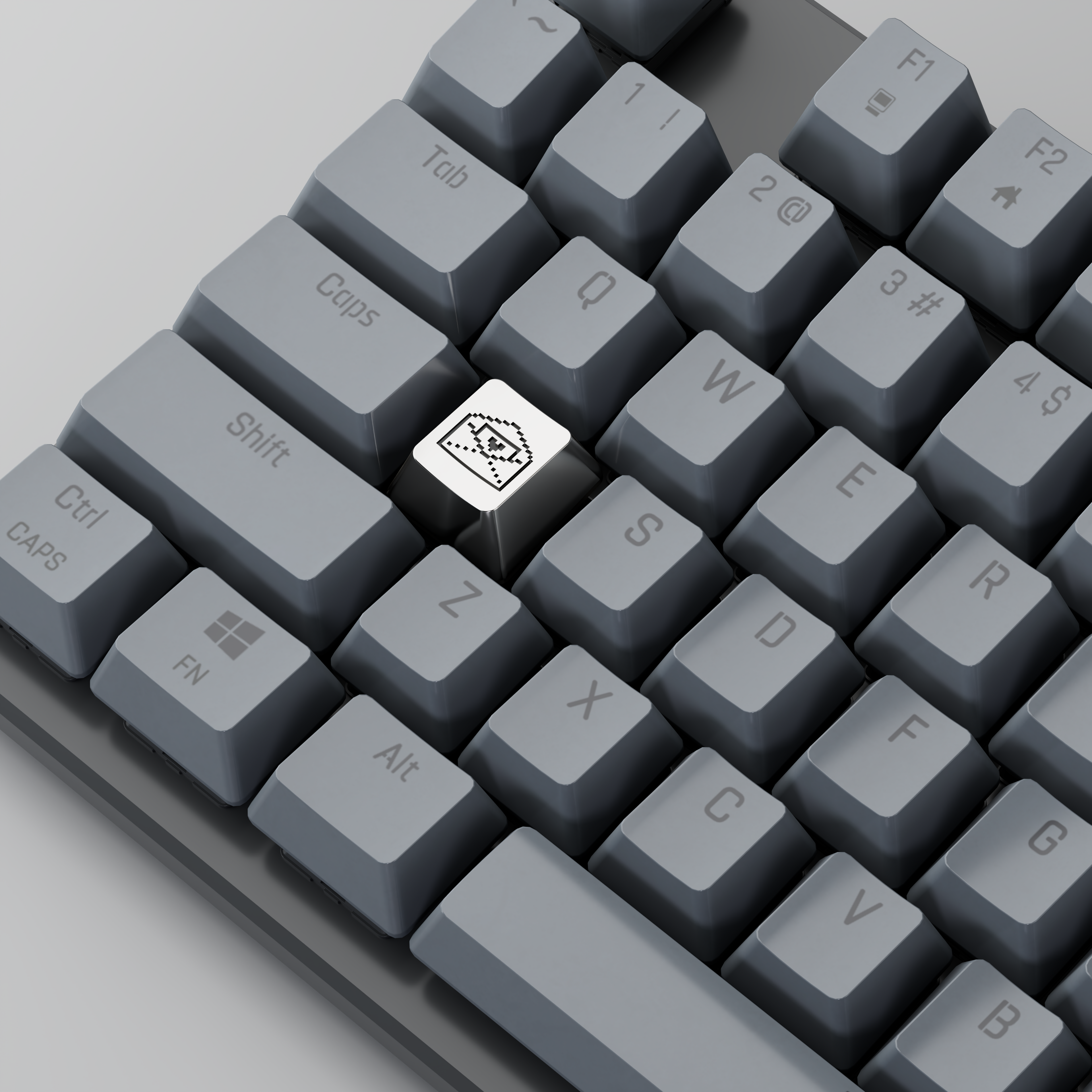 Key mounted on mechanical keyboard with love letter icon by Susan Kare